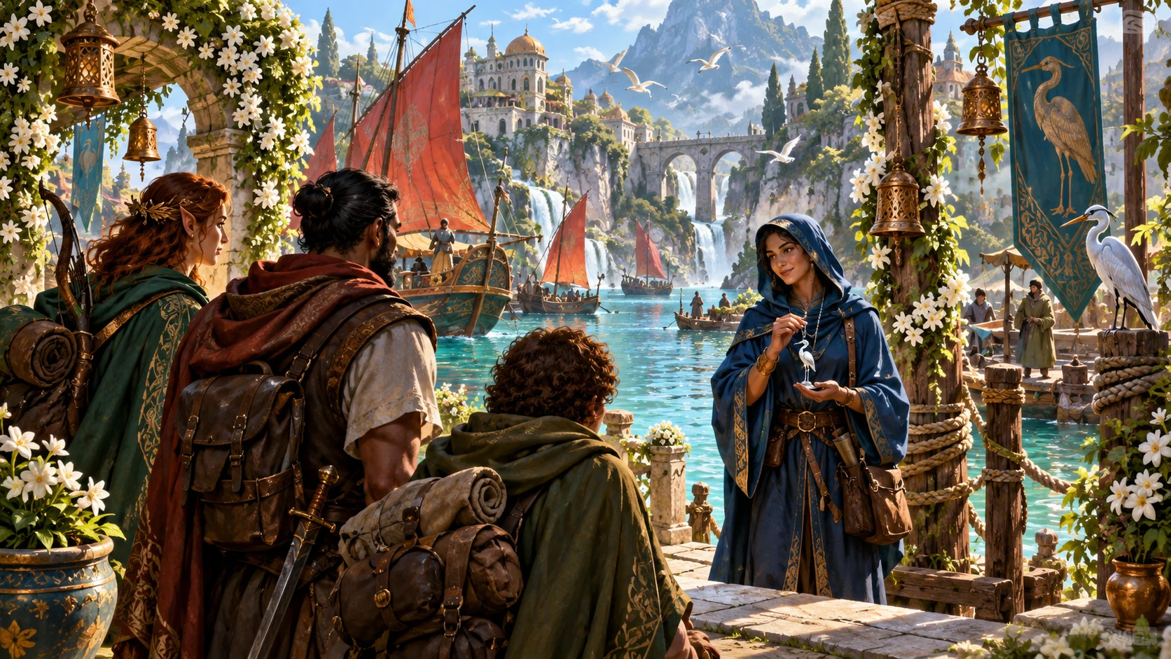Fantasy illustration of adventurers speaking with a blue-cloaked guide beside a waterfront with red-sailed boats