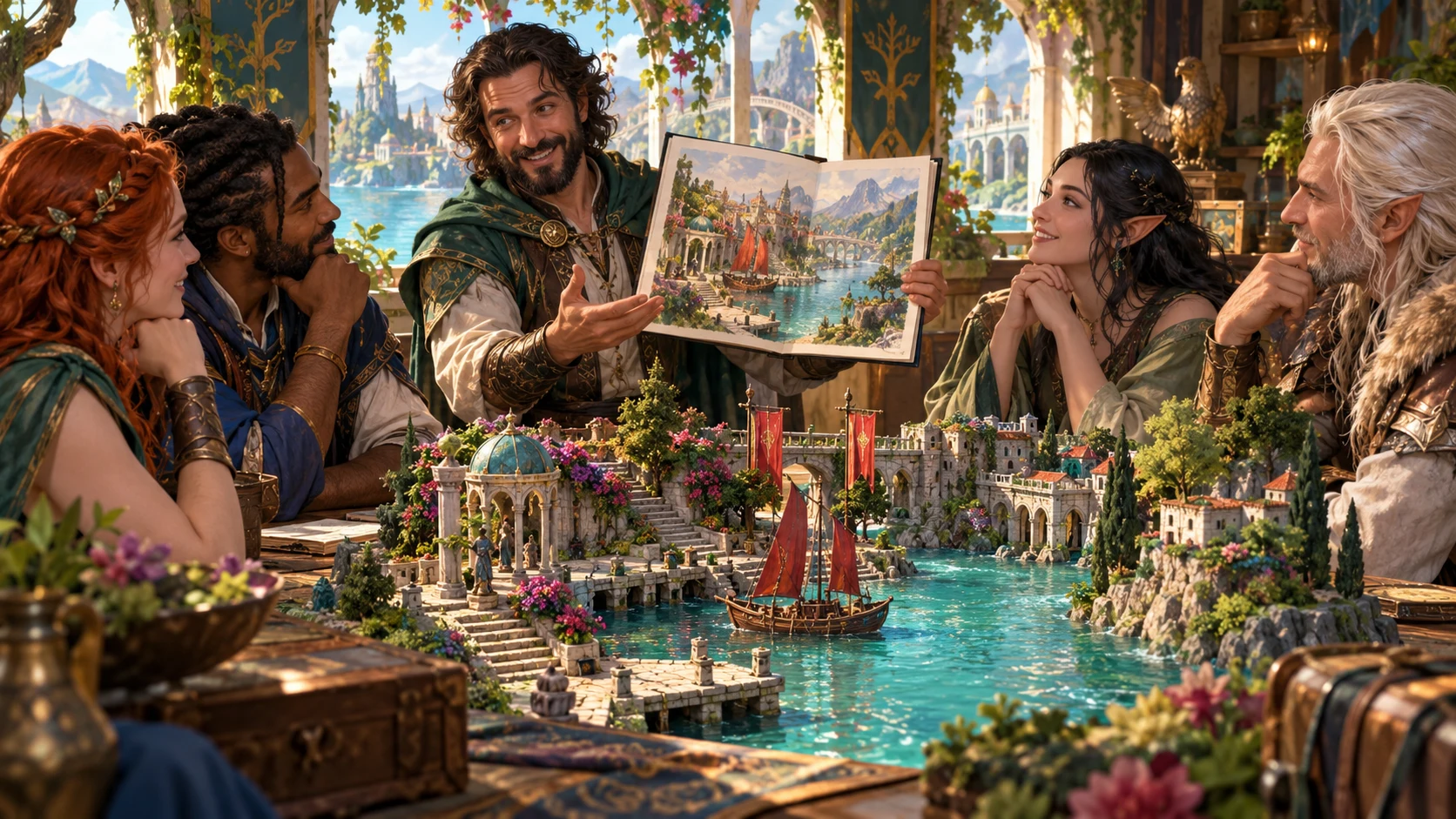 Fantasy illustration of a storyteller showing a waterfront scene painting to a group around a tabletop harbour model
