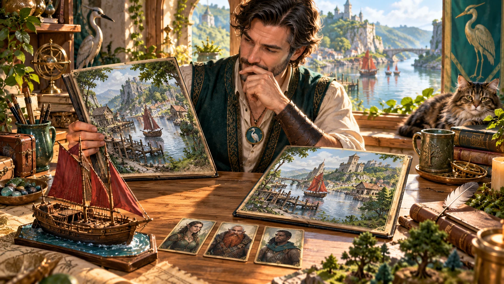 Fantasy illustration of a storyteller comparing two waterfront scene paintings beside a model sailing boat